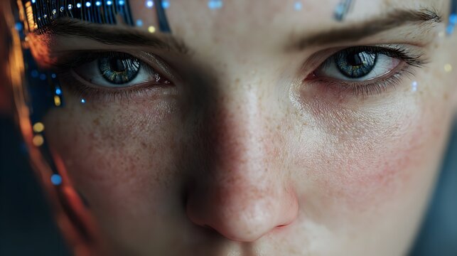 A macro close-up of a beautiful woman's blue eye showing the details of the iris, pupil, and eyelashes as she is looking forward with clear vision