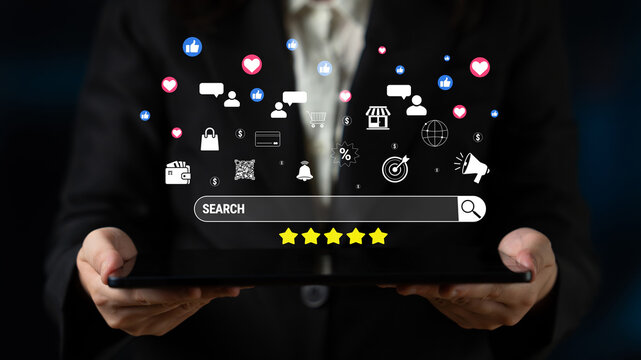 Digital Marketing Icons and Search Bar Display on Tablet with Social Media Symbols Representing Online Engagement and Business Growth Quark.