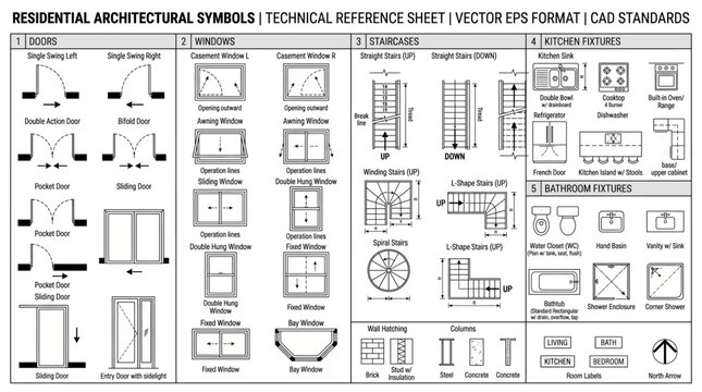 Residential Architecture Floor Plan Symbols and Technical Drafting Sheet