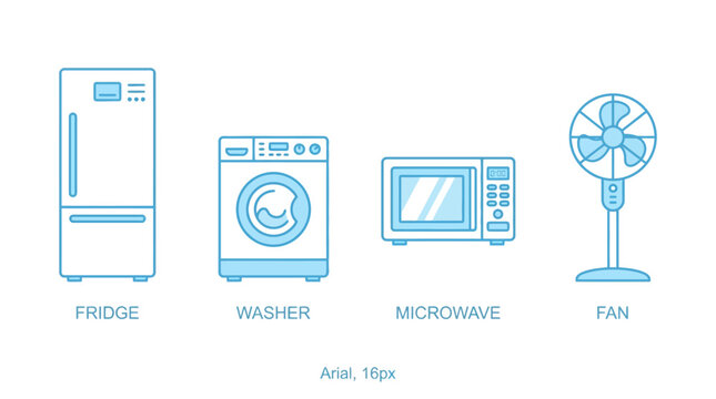 Collection of essential household appliances represented by modern line art icons, depicting various electric machines for domestic comfort and daily living