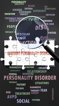 Avoidant Personality Disorder under magnifying glass, being researched, studied and examined. Most important subjects and ideas closely related to avoidant personality disorder written around a puzzle