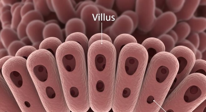 Close-up view of villi, labeled in biological illustration