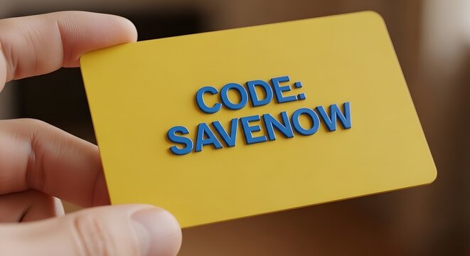 Person holding a yellow card with promo code SAVENOW for discounts