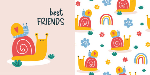Cute snail seamless pattern and surface design for kids. Nursery print with rainbow and flowers for textile, print and decor. Vector illustration isolated on white background. © Hanna Bykova