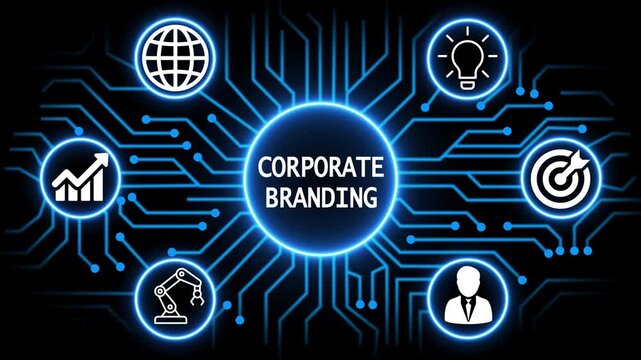 corporate branding concept with circuit lines and digital symbols hovering above a businessman, technology. manufacturing process management all connected in a digital circle like pattern.