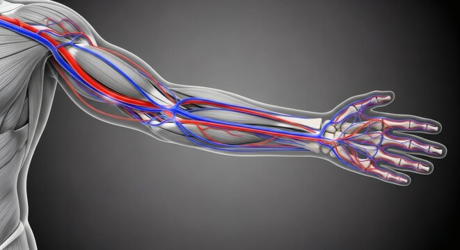 Anatomy illustration of a human arm, with a detailed view of the vascular system