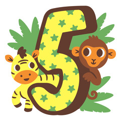 Obraz premium The number five with a monkey and a zebra