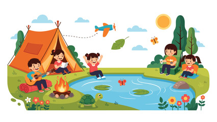 Fototapeta premium Diverse group of friends enjoys a camping trip by a pond with a tent, a cozy campfire, a guitar, and a friendly turtle in the grass.