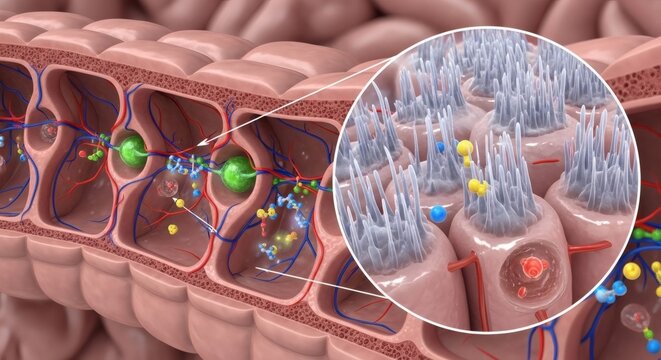 Illustration of the human intestines showing a detailed view of its inner workings with scientific precision