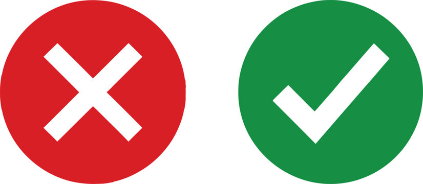 Red cross mark and green check mark icons for correct and incorrect choice Vector