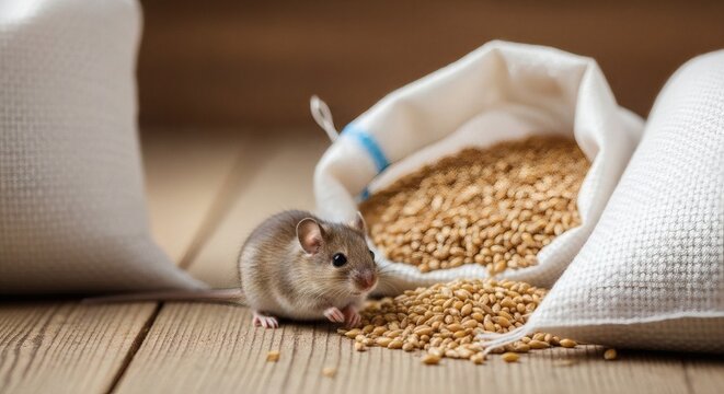 A close-up photo of a small mouse sitting near a pile of grain overflowing from a white bag, suggesting problems with food storage or pest control and the hanta virus.