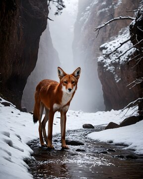 A   red wild Ethiopian wolf walking a snowy canyon trail