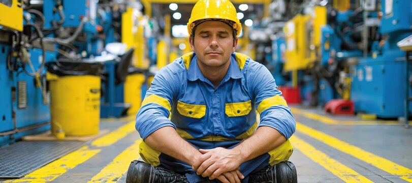 Factory machine operator resting in paused production area with inactive equipment