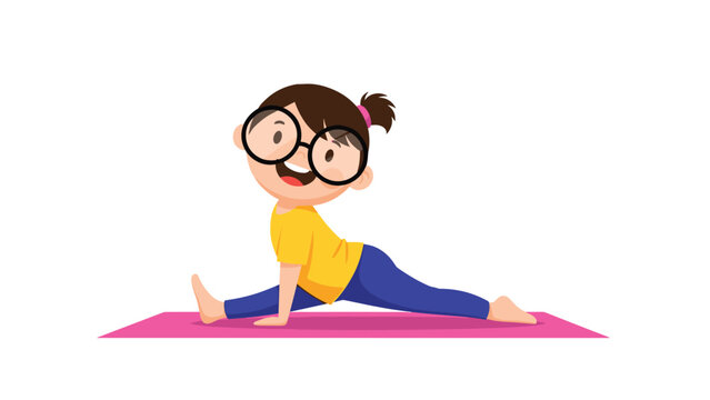 Young girl wearing glasses performs a flexible leg split on a pink yoga mat, demonstrating physical fitness and athletic ability.