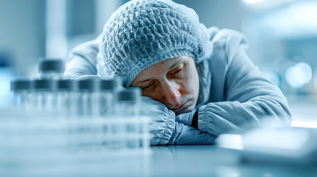 Fatigued laboratory technician resting beside sealed sample racks in sterile lab