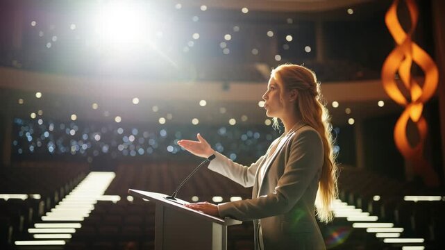 Young woman speaker giving a presentation on stage in a dark auditorium motion animation video 4K