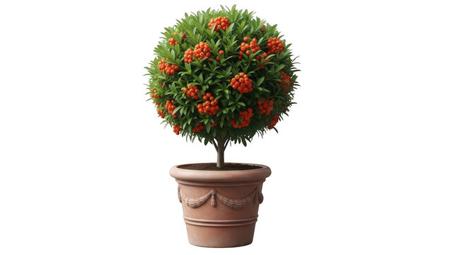 Small potted topiary tree with orange flowers in clay planter