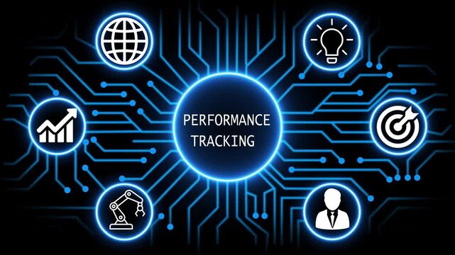performance tracking concept with circuit lines and digital symbols hovering above a businessman, technology. manufacturing process management all connected in a digital circle like pattern.