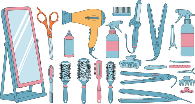 Hair Salon and Barber Tool Collection Set with Dryer, Scissors, Brush, and Mirror for Beauty Vector Illustration Designs