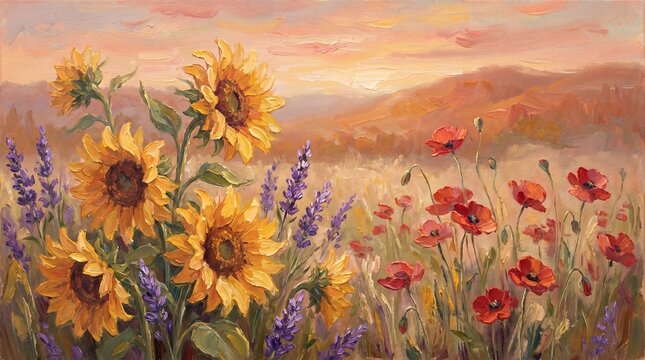 Impressionist oil painting of a French countryside field with sunflowers, red poppies, and lavender at sunset