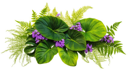 Lush Green Philodendron Fern Arrangement with Purple Flowers © Maria
