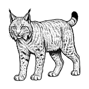 An illustration of a lynx standing in a natural environment with fur, eyes, ears, tail, and legs on display.