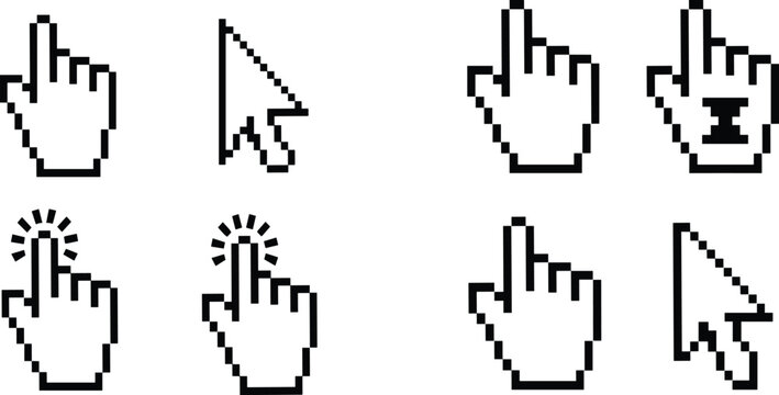Pixel-style hand cursor icons with various states and actions for digital interface and web design use.