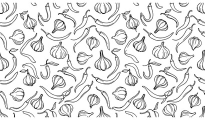 Fototapeta premium Garlic and chili pepper organic seamless pattern hand drawn minimalist food vector
