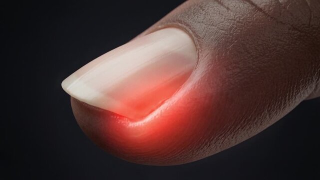 Close-up of a fingertip with red swelling spreading along the nail fold and cuticle during inflammation