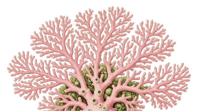 Pink branching coral with green algae growth close-up