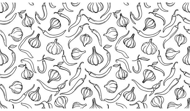 Garlic and chili pepper organic seamless pattern hand drawn minimalist food vector