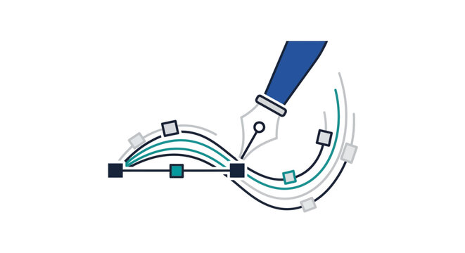 Creative pen nib drawing smooth curve representing design creativity, digital illustration and artistic workflow concept in modern vector illustration