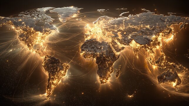 A cinematic 3D view of the blue planet globe in space shows a golden sunrise over the atmosphere as light spreads across the sea and continents of the dark earth sphere