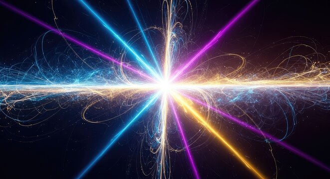Abstract representation of fluctuating vacuum energy, showing subatomic particle interactions and fundamental reality, physics, ethereal, space
