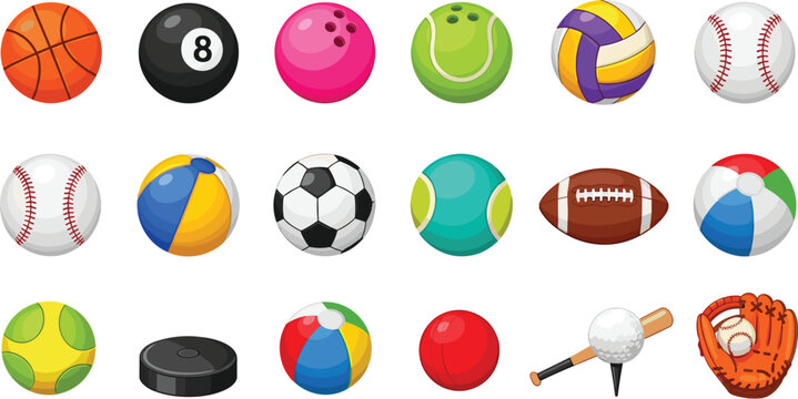 Colorful Sports Ball Collection Set with Basketball, Soccer, Tennis, Baseball, and Football for Recreation Vector Designs