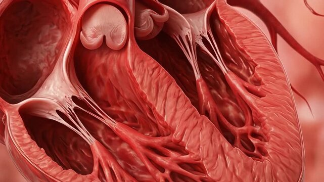 Detailed cross section of a human heart showing cardiac chambers valves and blood flow through internal anatomy