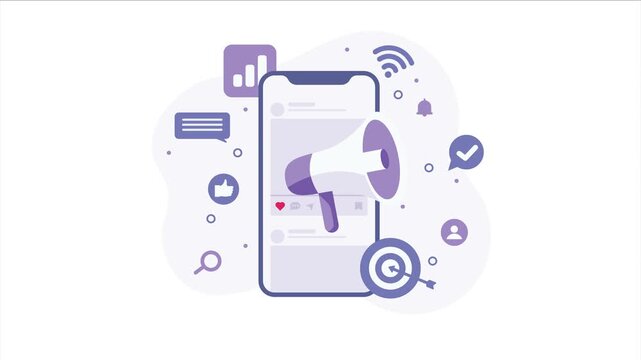 Mobile Marketing Animation: Smartphone with Megaphone and Social Media Engagement Icons Loop