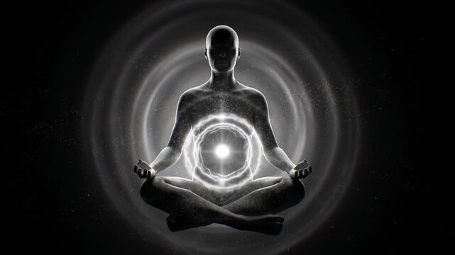 Meditating human figure radiating glowing circular light from the torso while hovering in a dark space