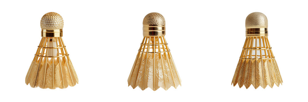Collection of golden badminton shuttlecock standing upright isolated on a transparent background