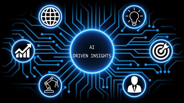 ai driven insights concept with circuit lines and digital symbols hovering above a businessman, technology. manufacturing process management all connected in a digital circle like pattern.