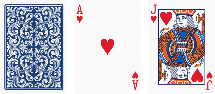 Ace of Hearts, Jack of Hearts, and Playing Card Back Design for Card Games, Poker, and Gambling Illustrations