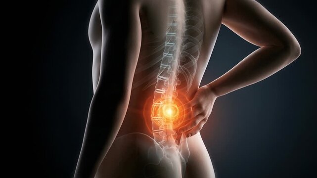 Human torso moving with glowing lower back pain and visible spine in medical anatomy