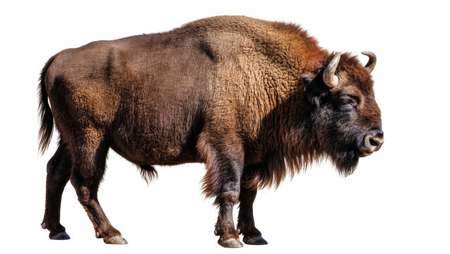 Brown shaggy American bison standing sideways with curved horns