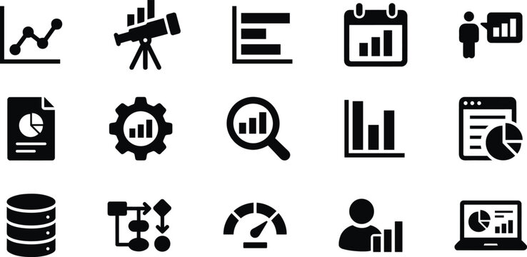 Set of black business analytics and data chart icons for web and mobile app design showing growth statistics and financial reports