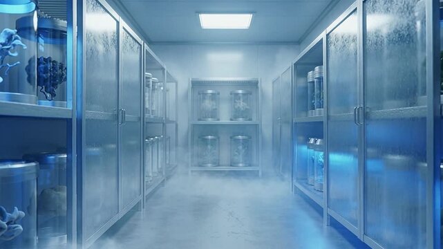 Cool mist drifts through a blue laboratory archive corridor as preserved marine specimens glow inside storage jars