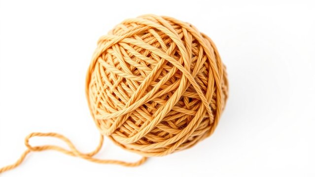 Close-up of a beige ball of yarn with loose thread on a white background, ideal for knitting, crochet, sewing and handmade craft themes.