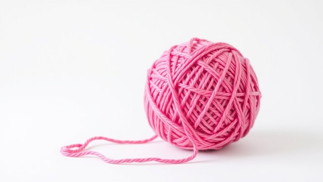 Pink ball of yarn with loose thread on a clean white background, perfect for knitting, crochet, handmade crafts and creative hobby projects.