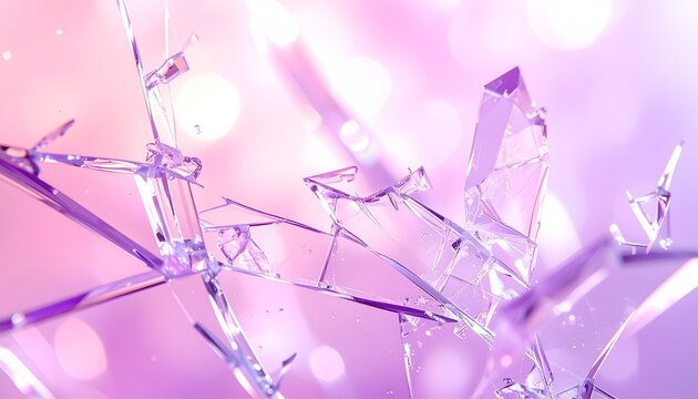 Shattered glass shards float against pink/purple bokeh, abstract, elegant