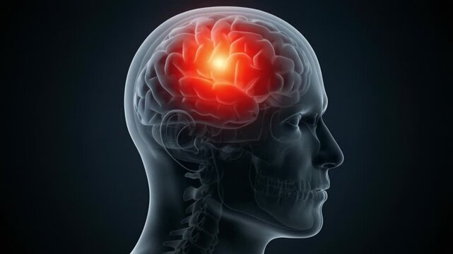 Transparent human head with glowing brain activity moving across side profile anatomy on dark background