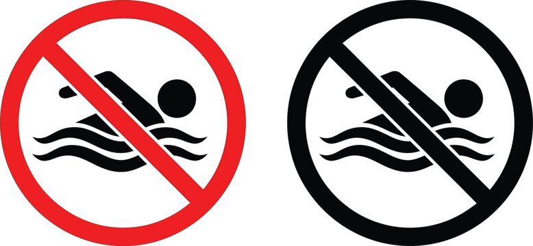 No swimming warning signs with red and black prohibition circles Vector